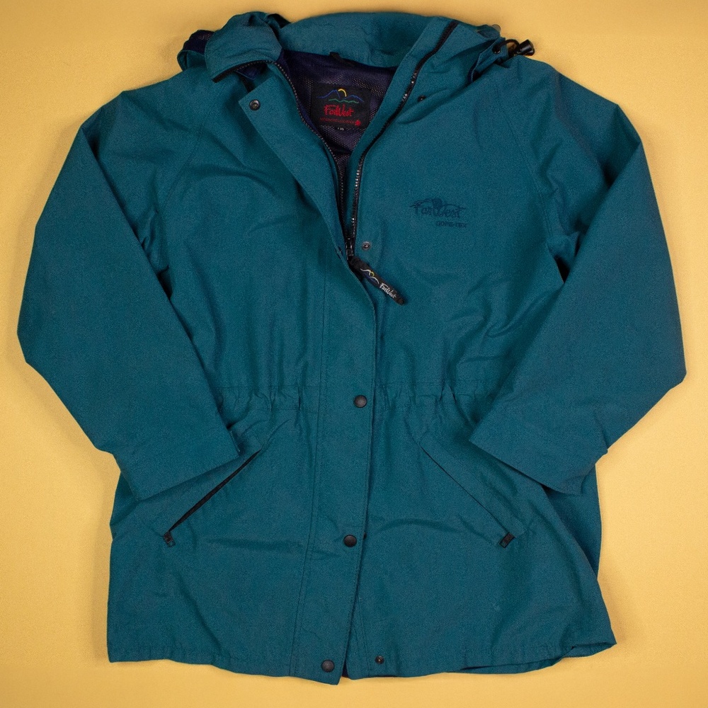 Vintage Far West Gortex Green Teal Hooded Rain Jacket Women's Size L